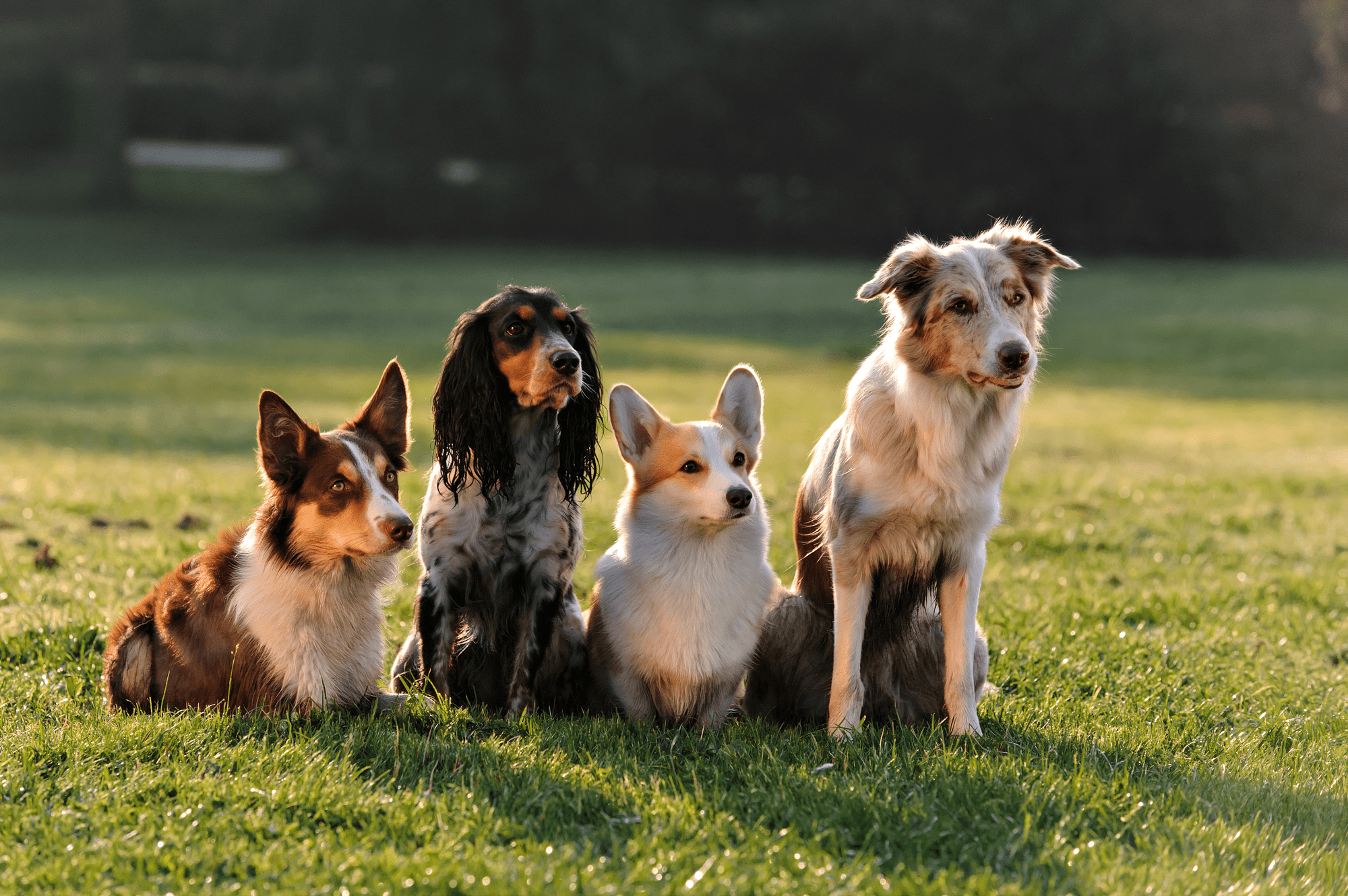 Four dogs sitting in the park